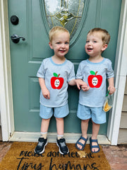 Blue Stripe Apple Appliqué Boy Shorts Set