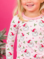 SoftSnooze™ Toddler Girls Bamboo Viscose Pink Dear Santa Ruffle Long Sleeve Pajama Set with Signature Rear Ruffles