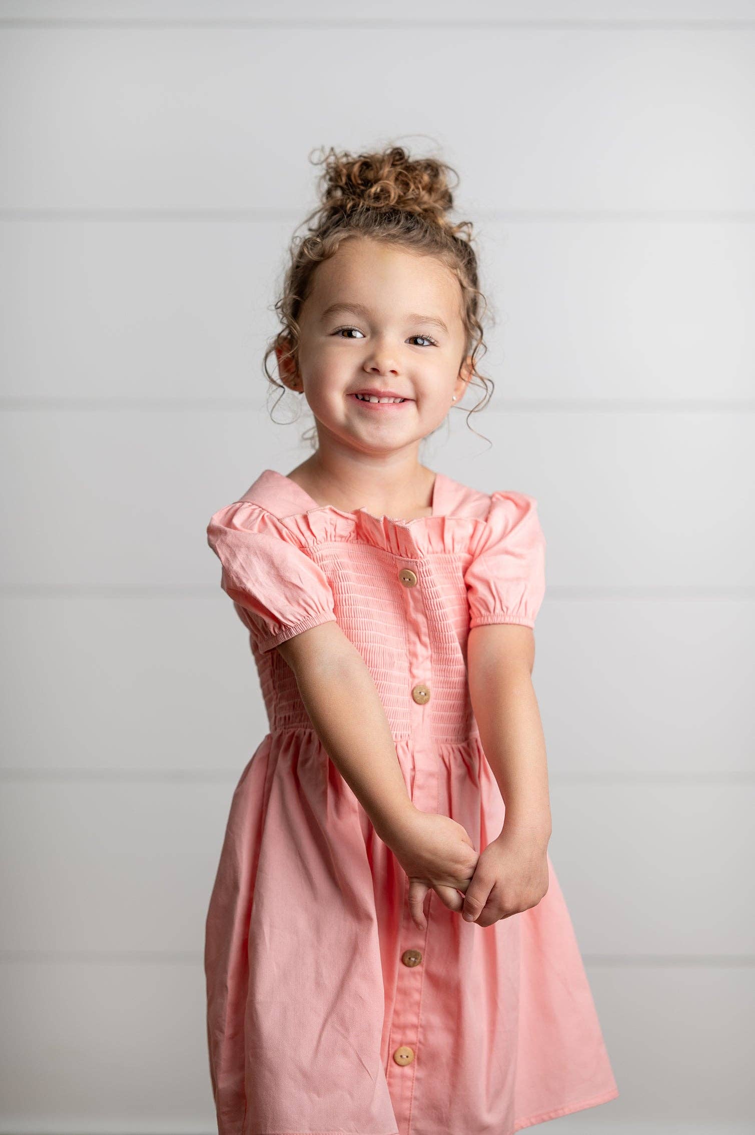 Girls Blush Pink Shirred Puff Sleeve Spring Easter Dress