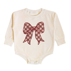 Christmas Plaid Bow Patch Long Sleeve Romper - Baby Clothing