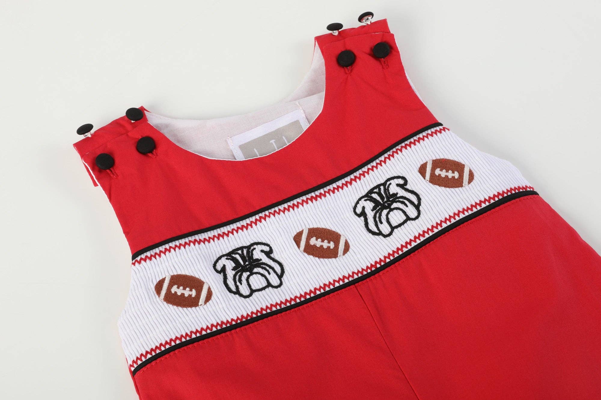 Red and Black Bulldog and Football Smocked Overalls