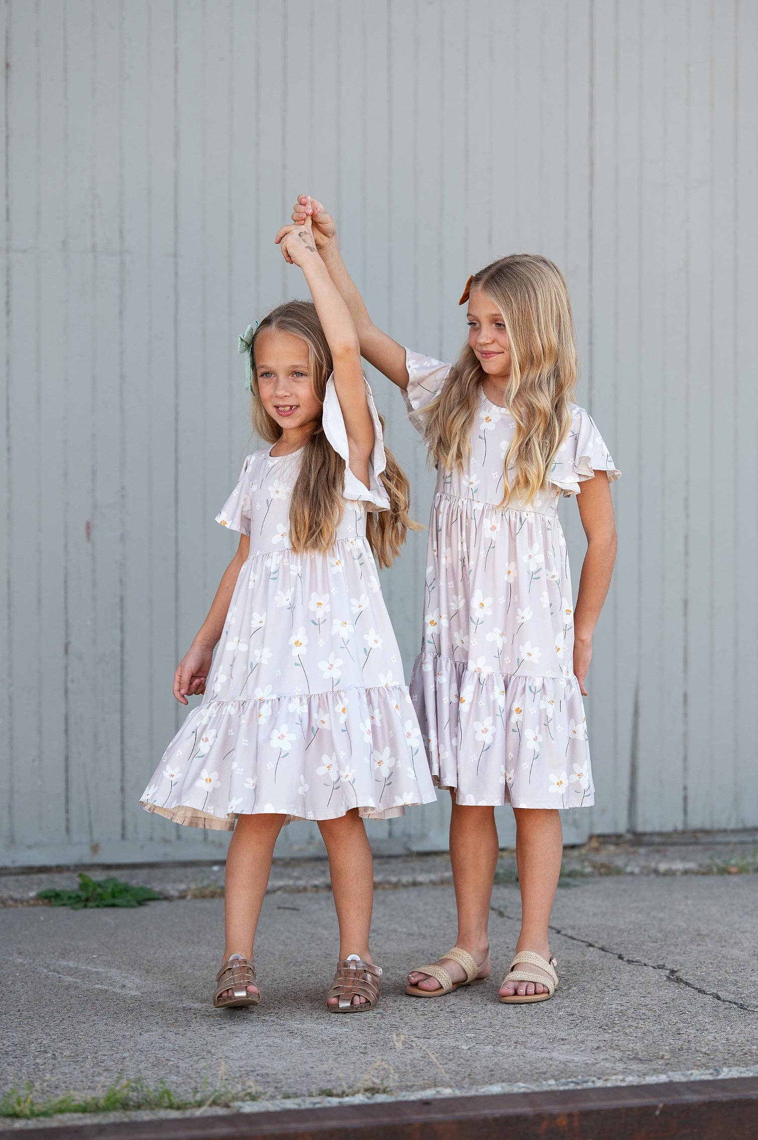 Girls Emma Taupe Spring Floral Flutter Sleeve Twirl Dress