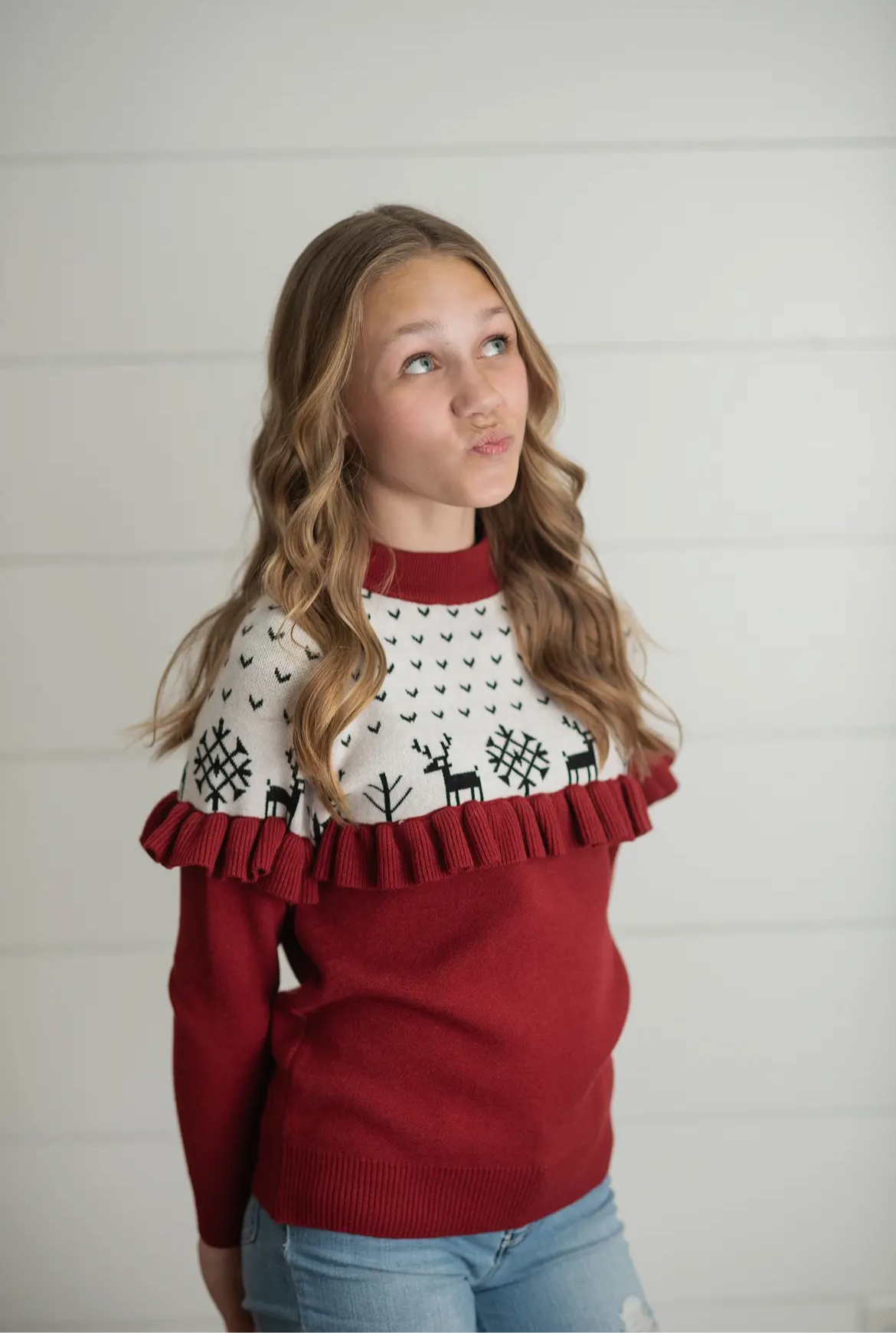 Dark Red/Burgundy Ruffle Christmas Sweater -Girl