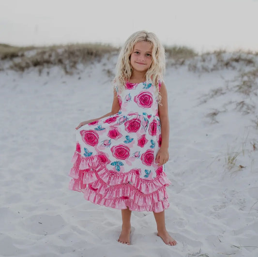 Girl Pink Rose Ruffle Dress