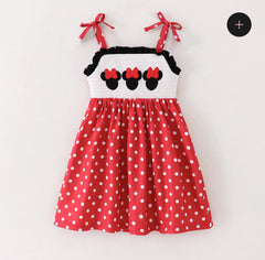 Girls Strap Polka Dot Minnie Embroidery Smocked Dress