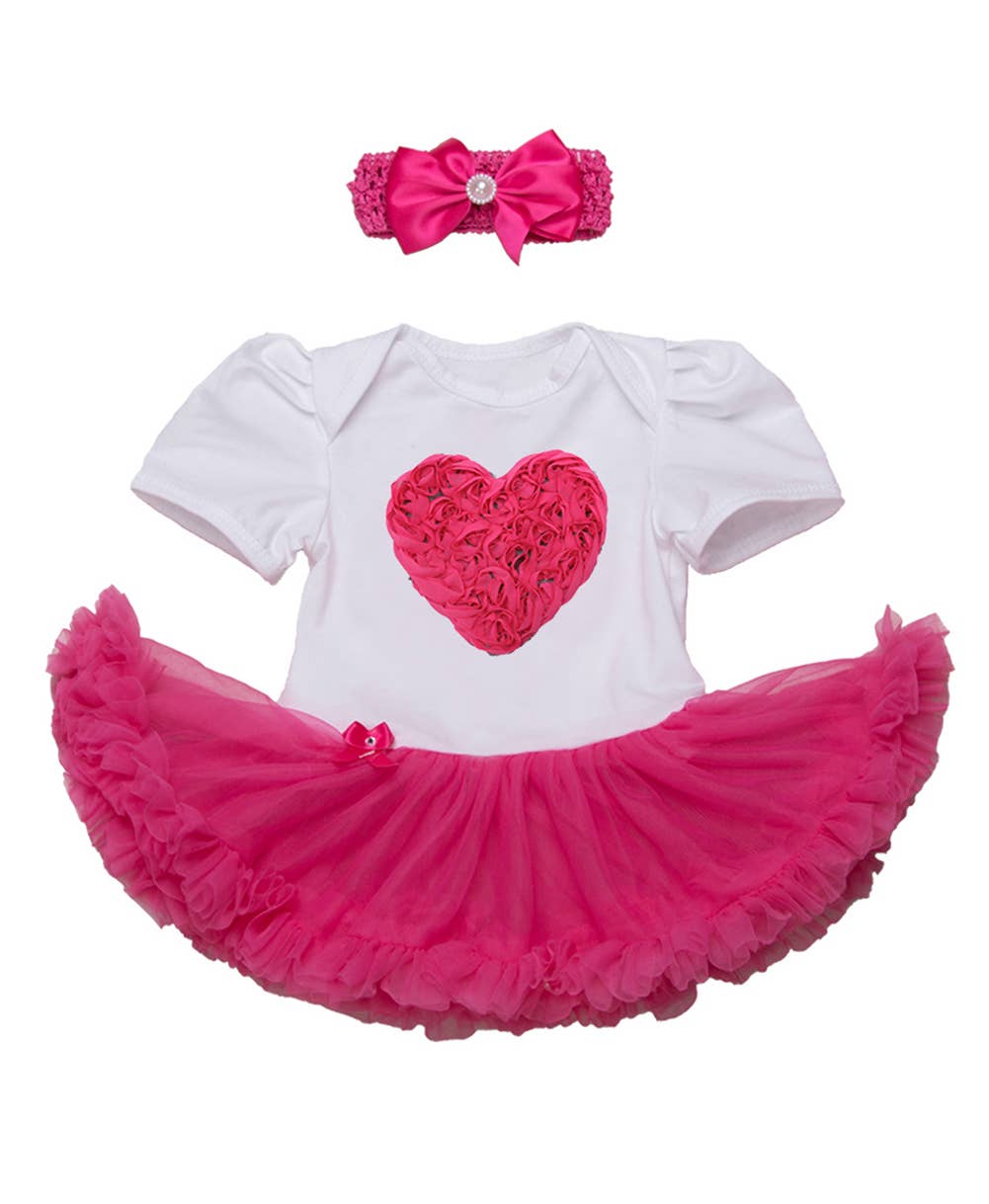 Fuchsia-White Heart Romper Tutu Dress & Headband