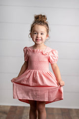Girls Blush Pink Shirred Puff Sleeve Spring Easter Dress
