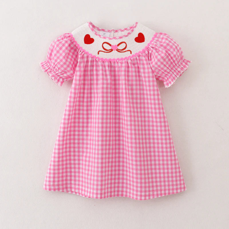 Pink Checkered Smock Dress Embroidered Heart & Bow Dress