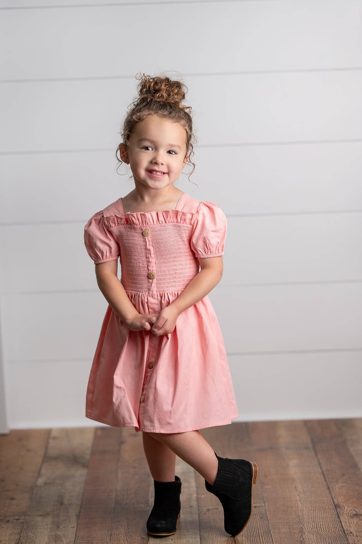 Girls Blush Pink Shirred Puff Sleeve Spring Easter Dress