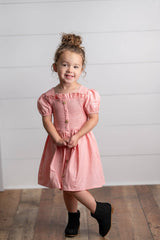 Girls Blush Pink Shirred Puff Sleeve Spring Easter Dress