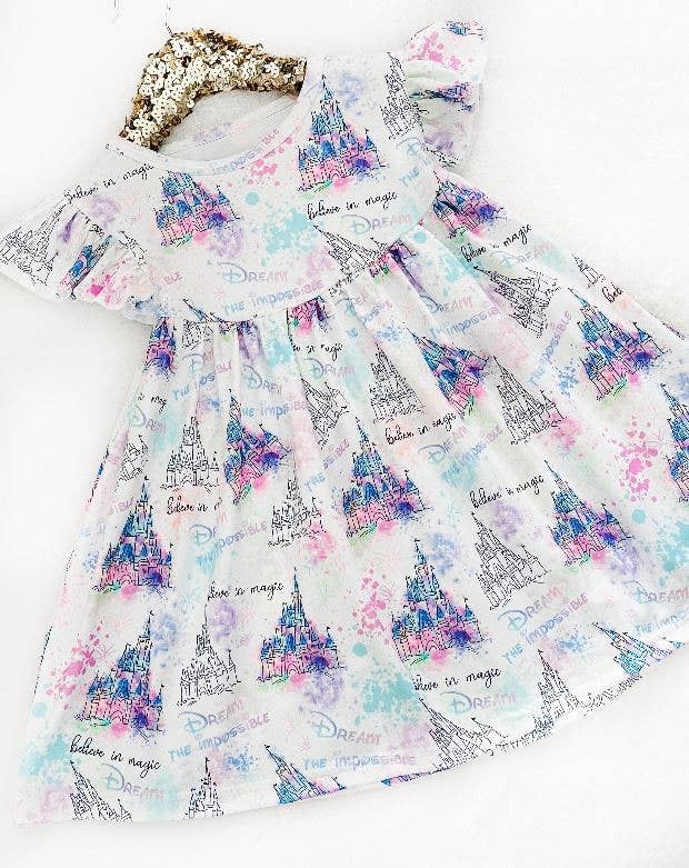 Girls Fun Character Dresses - White & Purple Castle