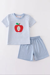 Blue Stripe Apple Appliqué Boy Shorts Set