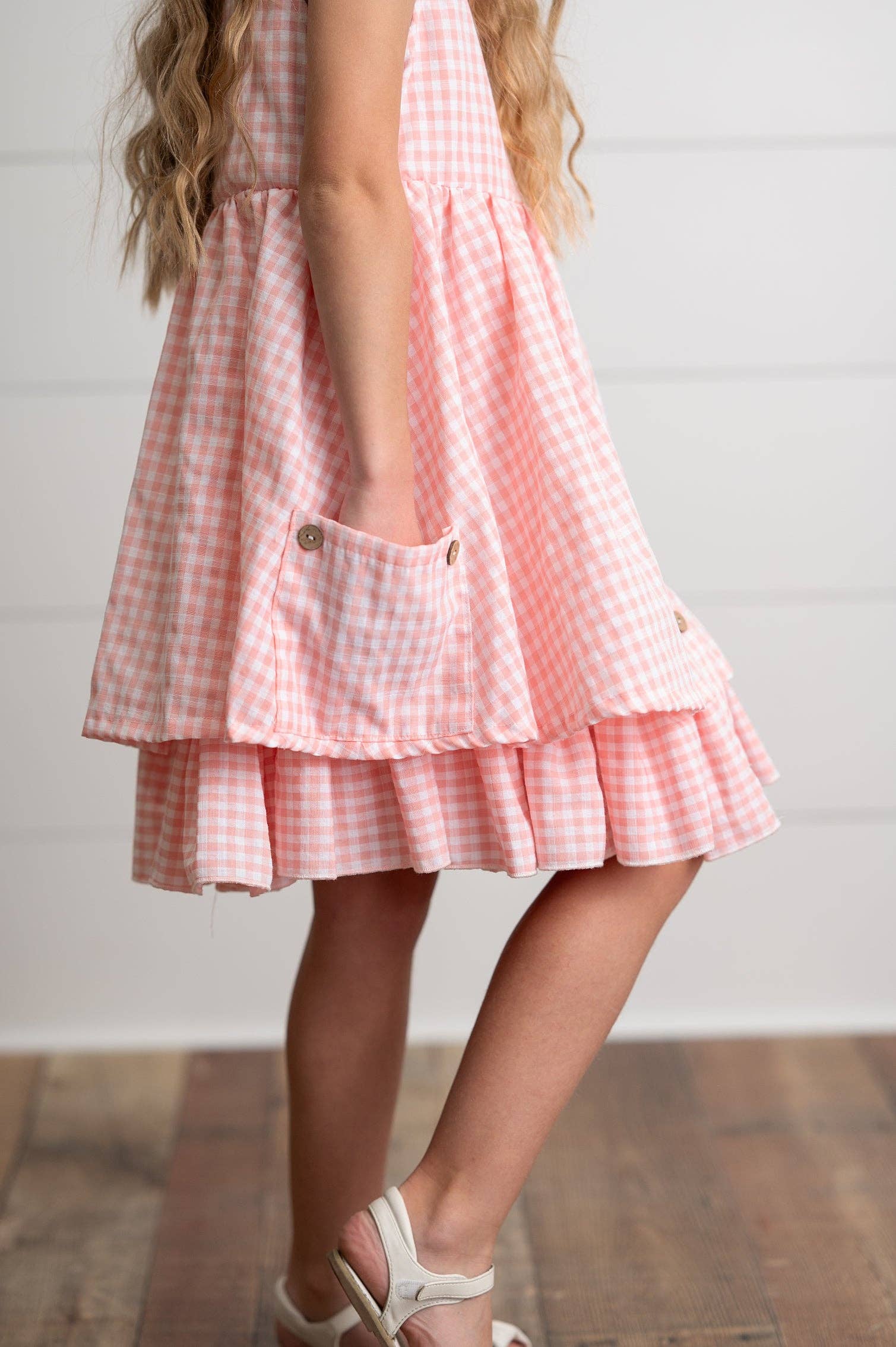 Girls Pink & White Gingham Check Pocket Ruffle Spring Dress