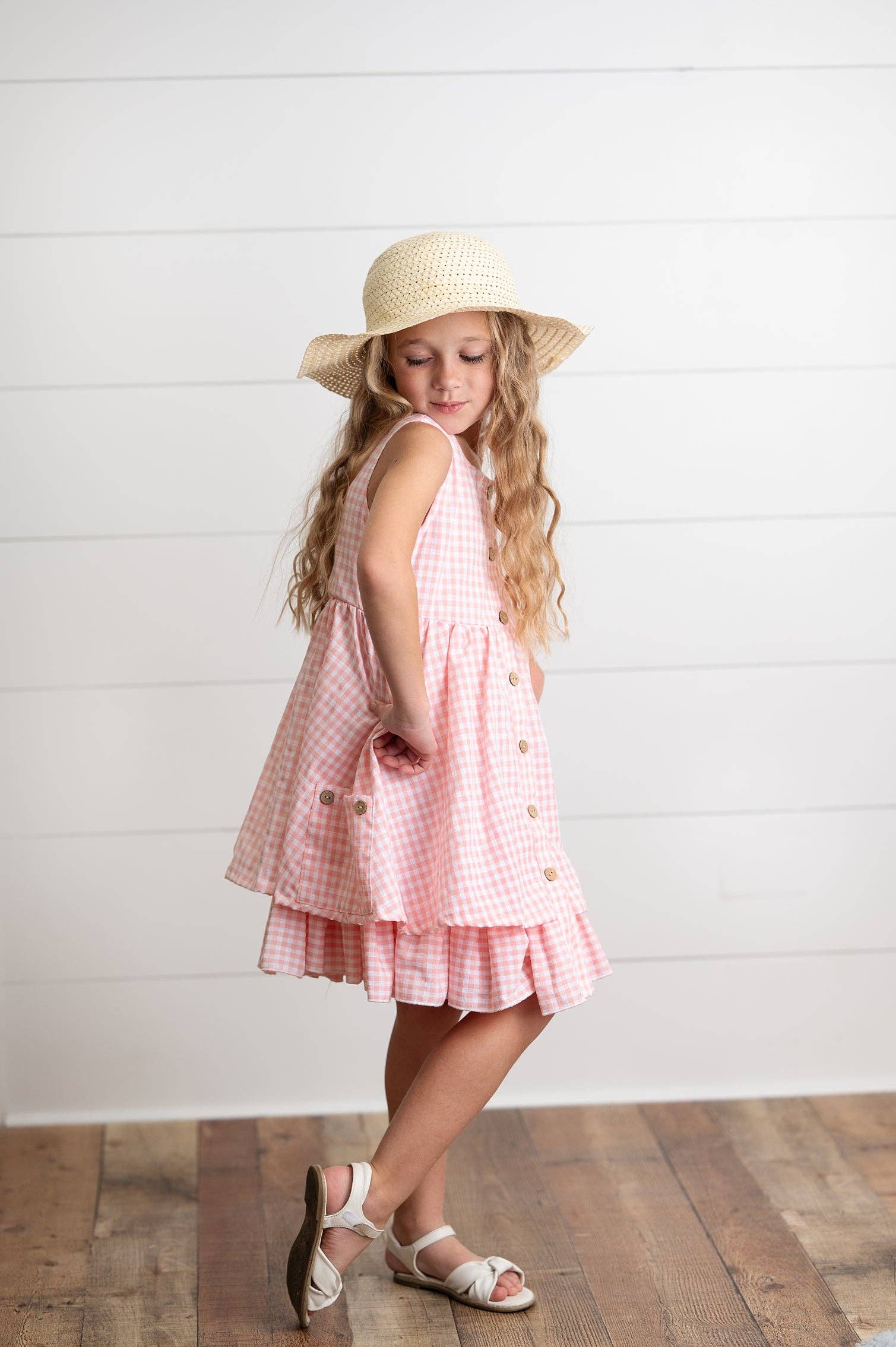 Girls Pink & White Gingham Check Pocket Ruffle Spring Dress