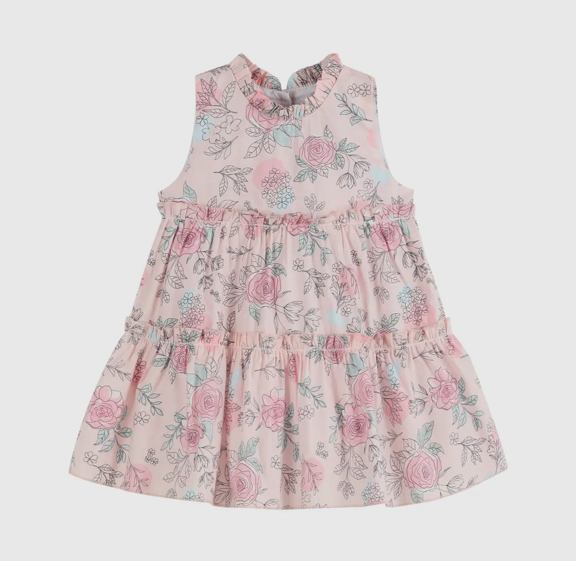 Pink Rose Print Tiered Dress