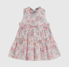 Pink Rose Print Tiered Dress