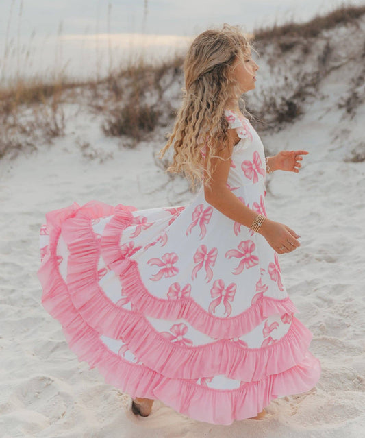 Kids Bella Pink Bow Flutter Sleeve Ruffles Spring Dress