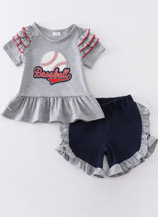 Grey Baseball Appliqué Ruffle Girl Set