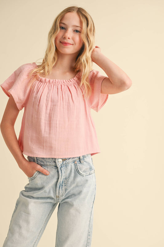TWEEN KIDS GIRLS PEASANT SHORT SLEEVE LOOSE FIT TOP (7-14)