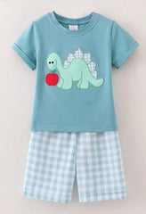 Back To School Dino Apple Embroidered Shorts Set Boy