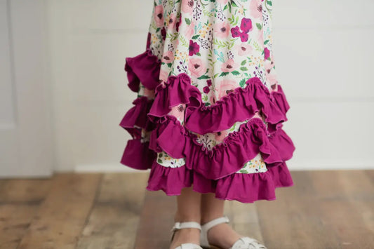 Girl Plum Floral Ruffle Dress