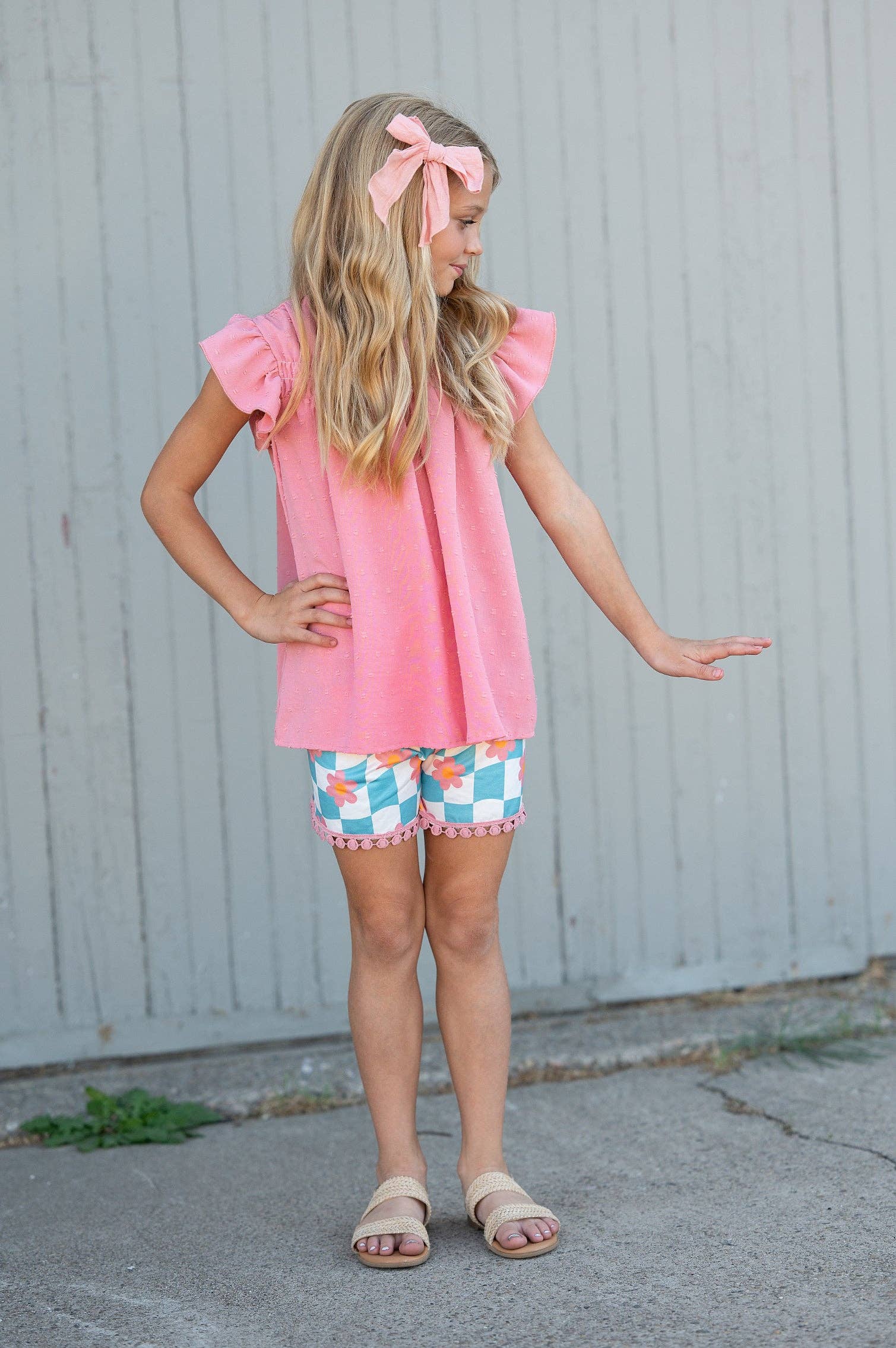 Girls Pink & Teal Spring Summer Retro Check Wave Short Set