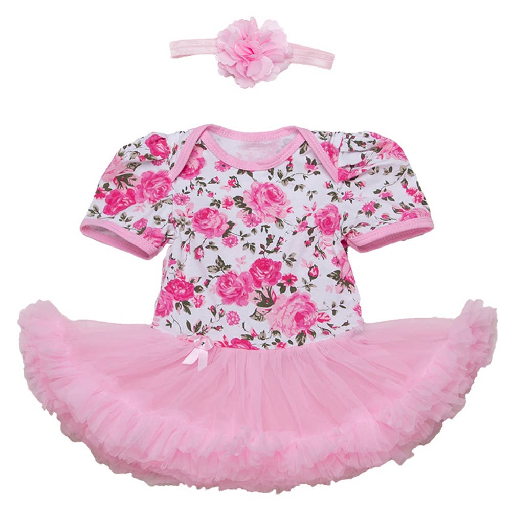 Pink Flower Print Baby Romper Tutu Dress & Headband