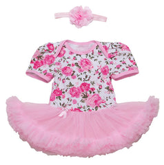 Pink Flower Print Baby Romper Tutu Dress & Headband