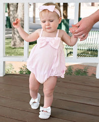 Baby Girls Pink Seersucker Bow Front Bubble Woven Romper