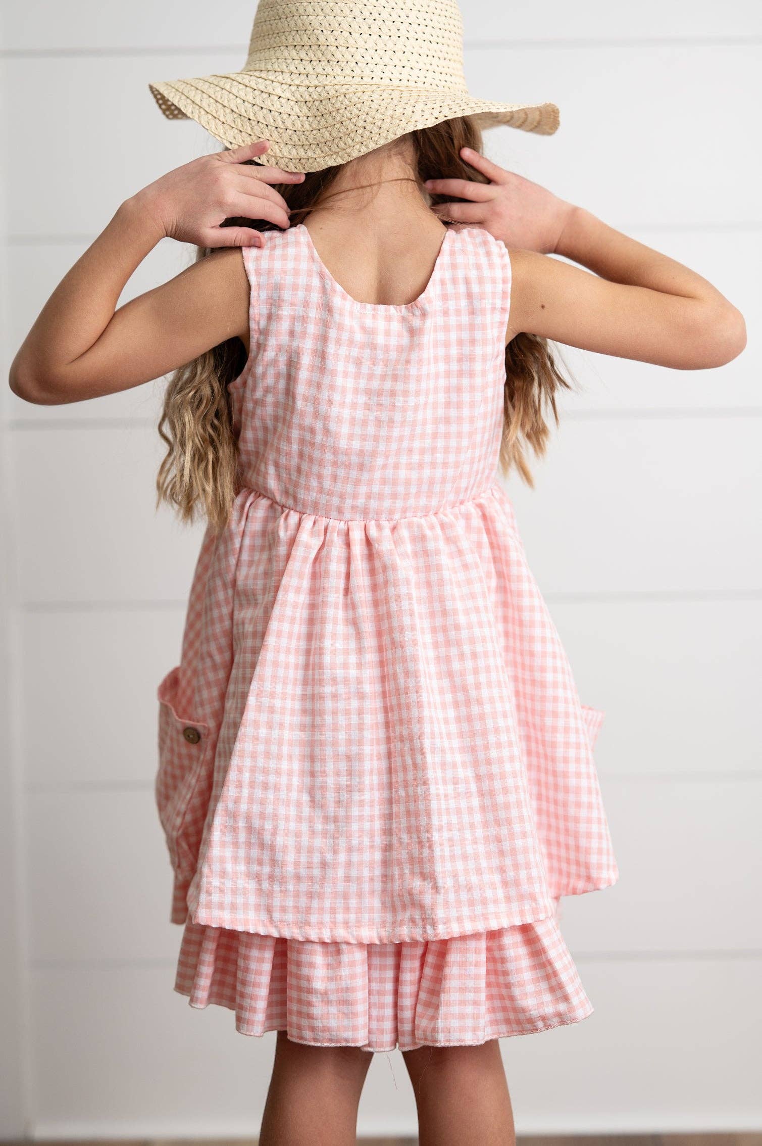 Girls Pink & White Gingham Check Pocket Ruffle Spring Dress