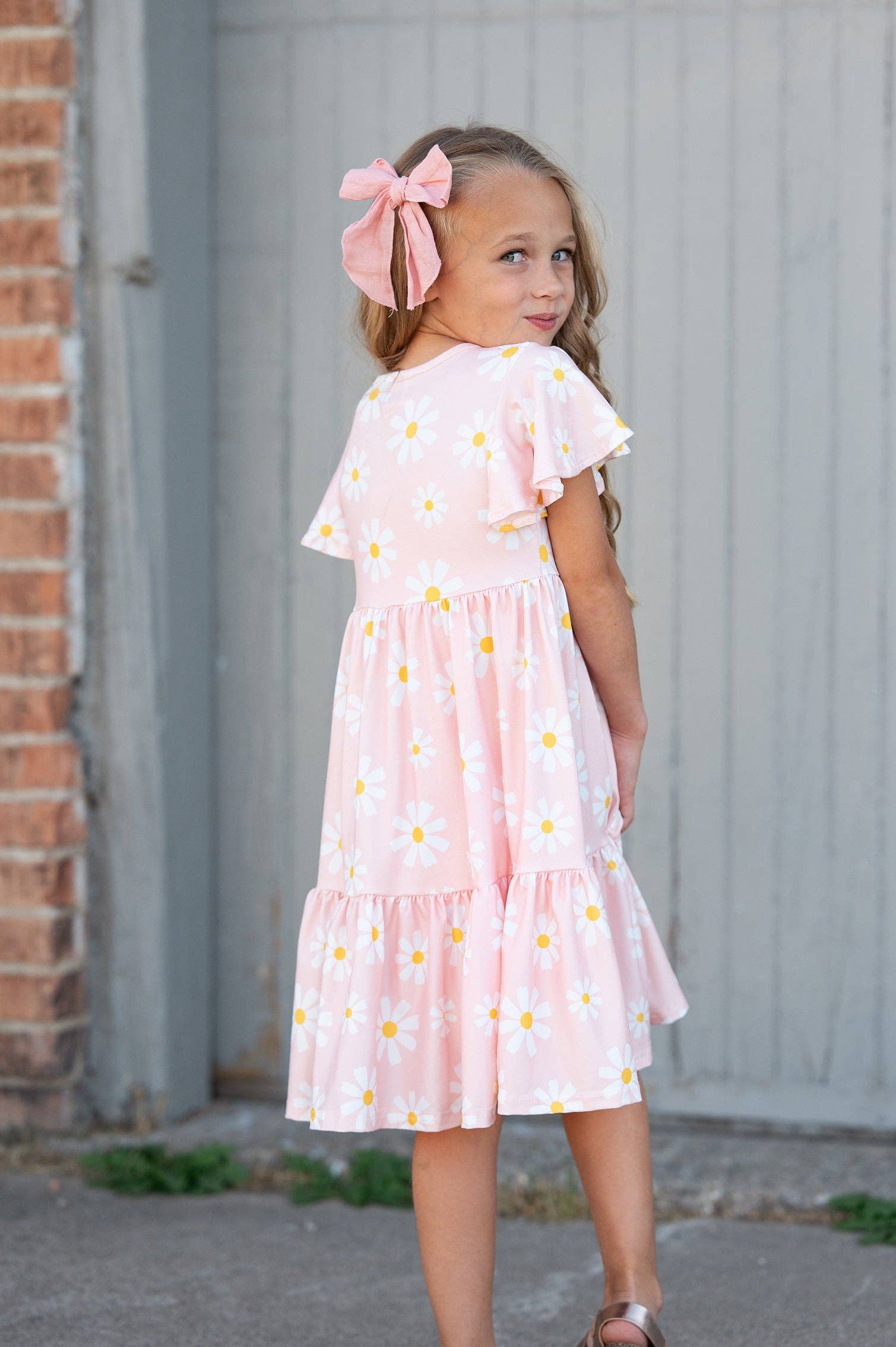 Girls Emma Pink Spring Daisy Flutter Sleeve Twirl Dress