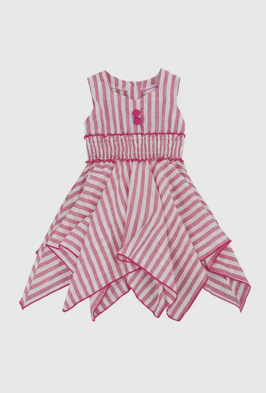 Girl Handkerchief Sweetheart Neck Cotton Dress -Candy Cane Stripe