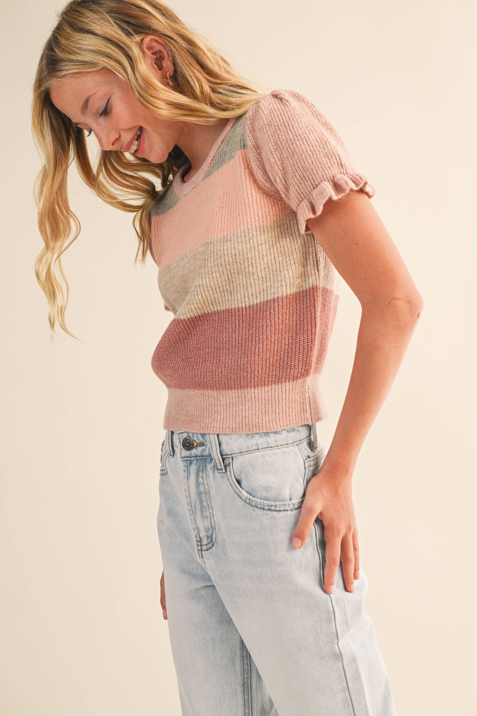 TWEEN KIDS GIRLS PUFF SLEEVE CROPPED SWEATER (7-14)