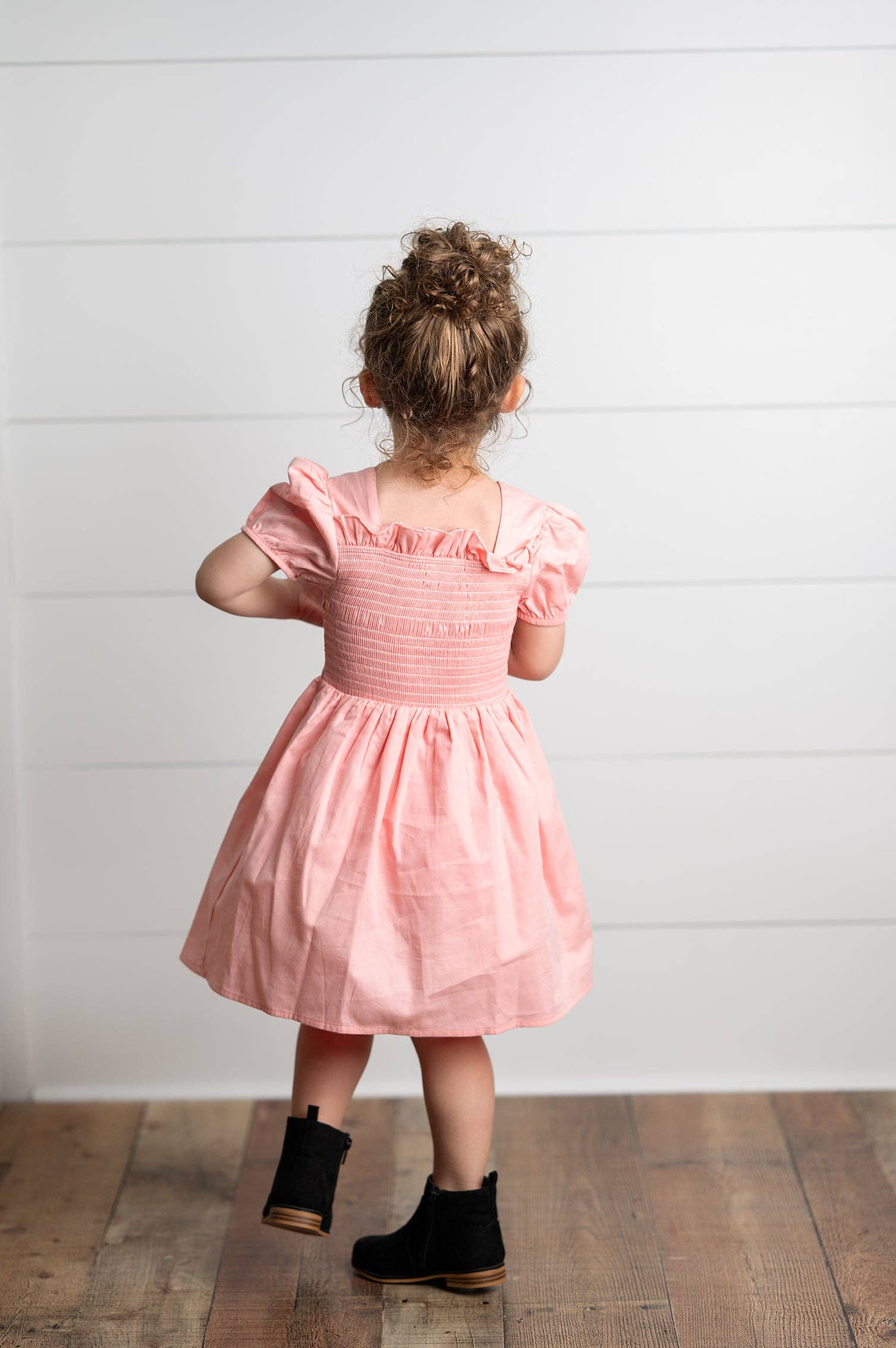 Girls Blush Pink Shirred Puff Sleeve Spring Easter Dress
