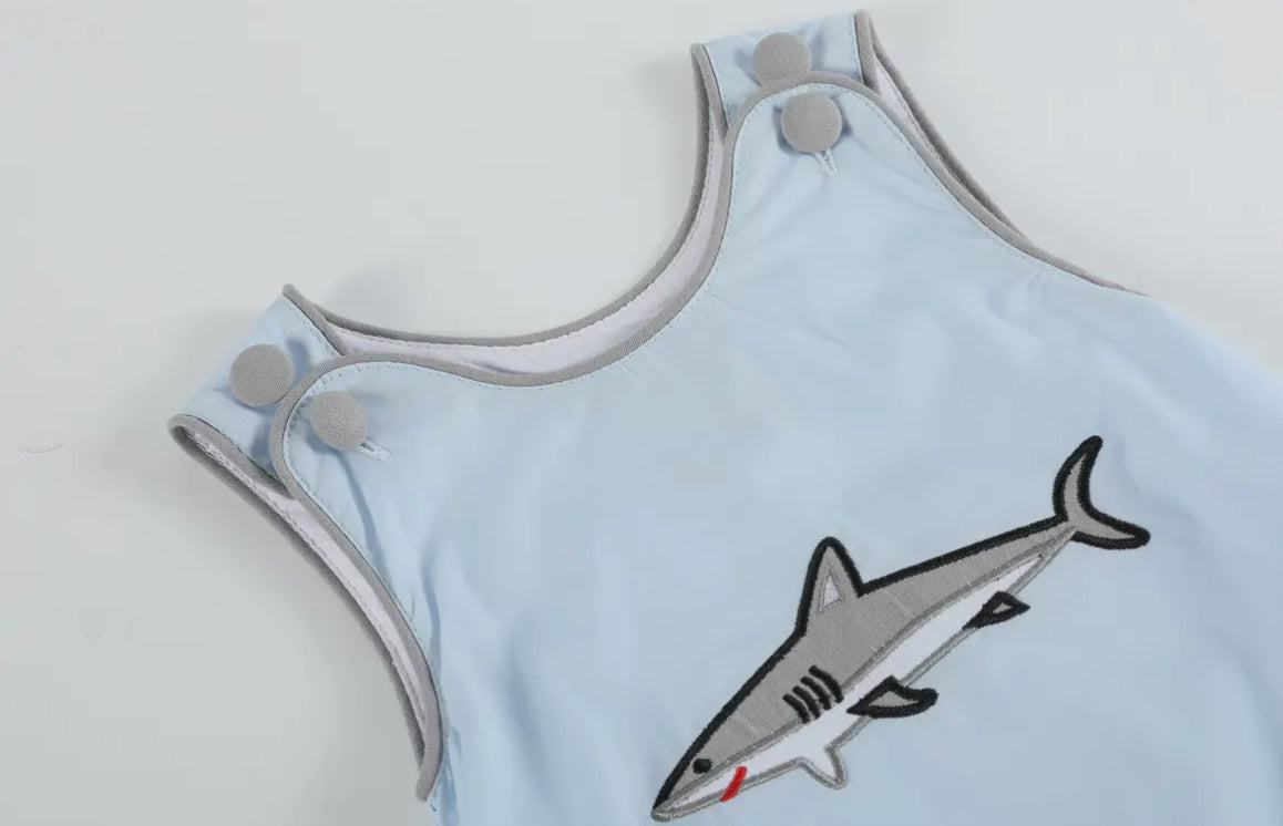 Blue Shark Appliqué Bubble Romper Boy