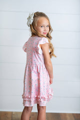 Kids Pink Blush Dainty Flower Button Ruffle Spring Dress