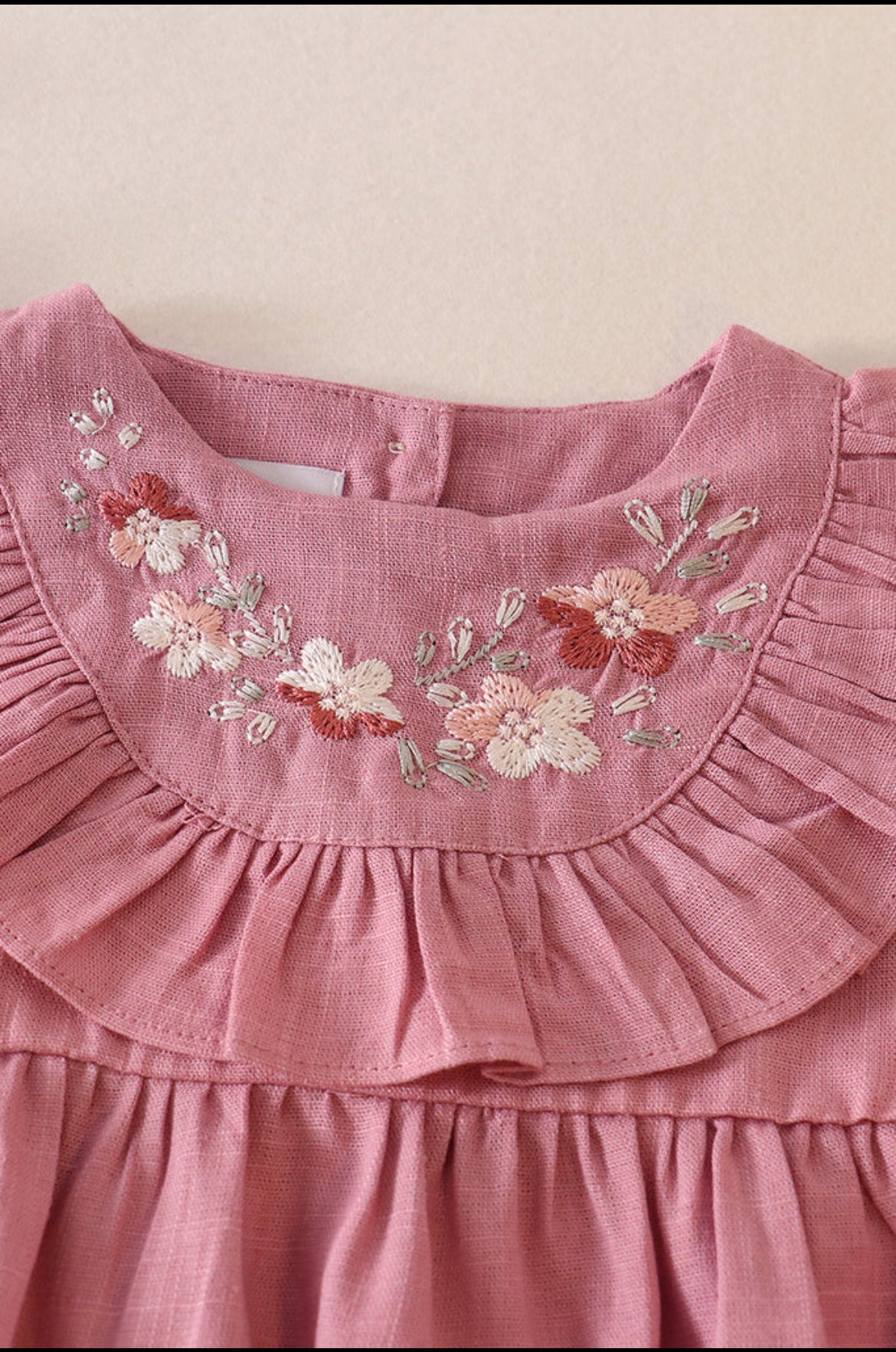 Mauve Floral Embroidery Ruffle Linen Girl Bubble