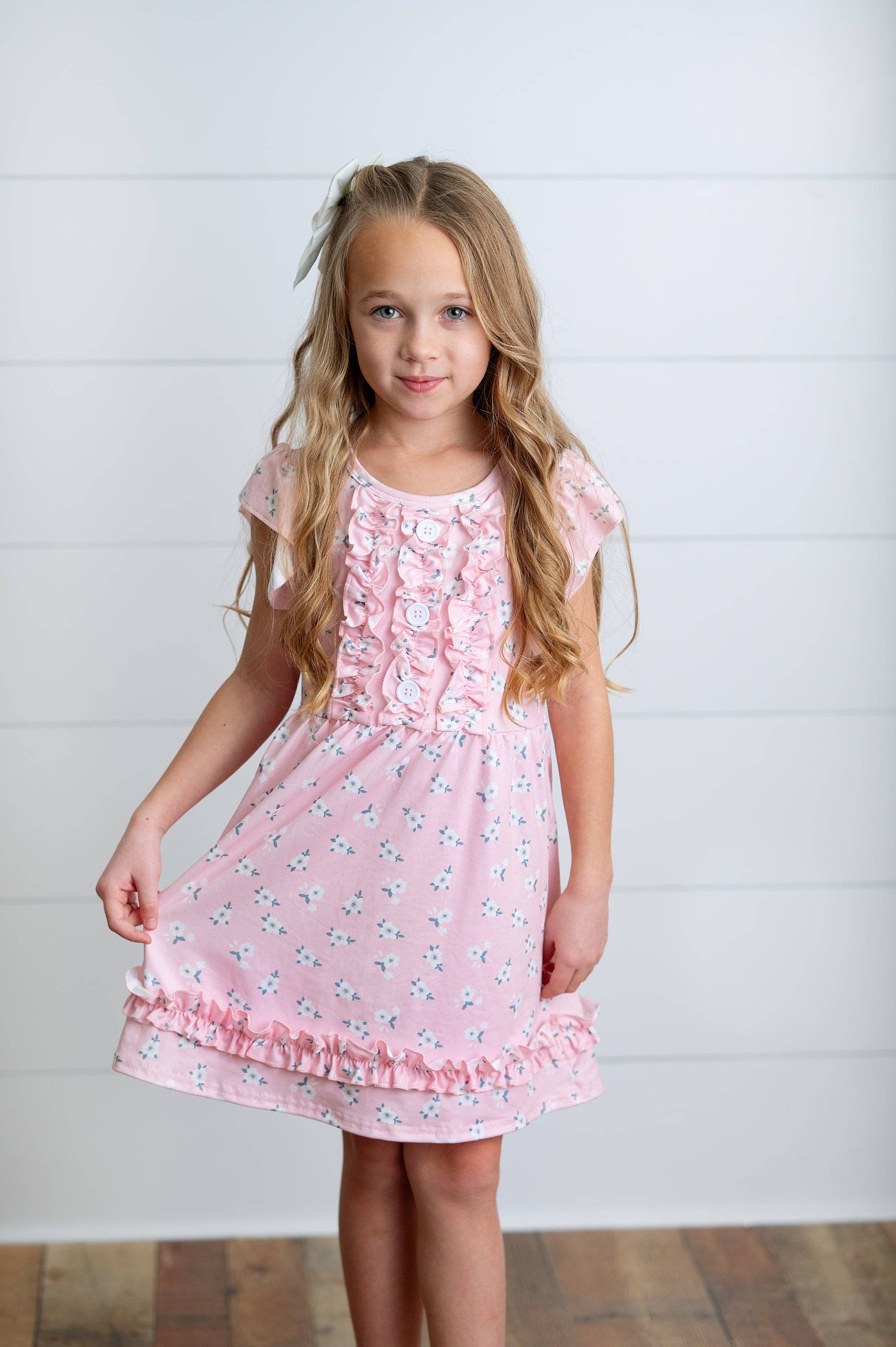 Kids Pink Blush Dainty Flower Button Ruffle Spring Dress