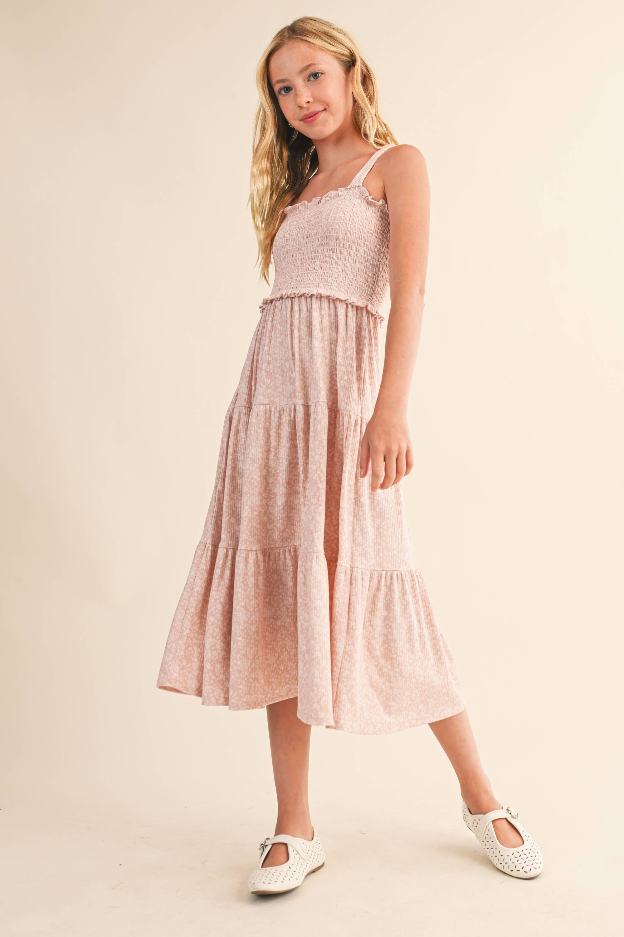 TWEEN GIRLS KIDS SMOCKED TIERED MIDI DRESS (7-12)