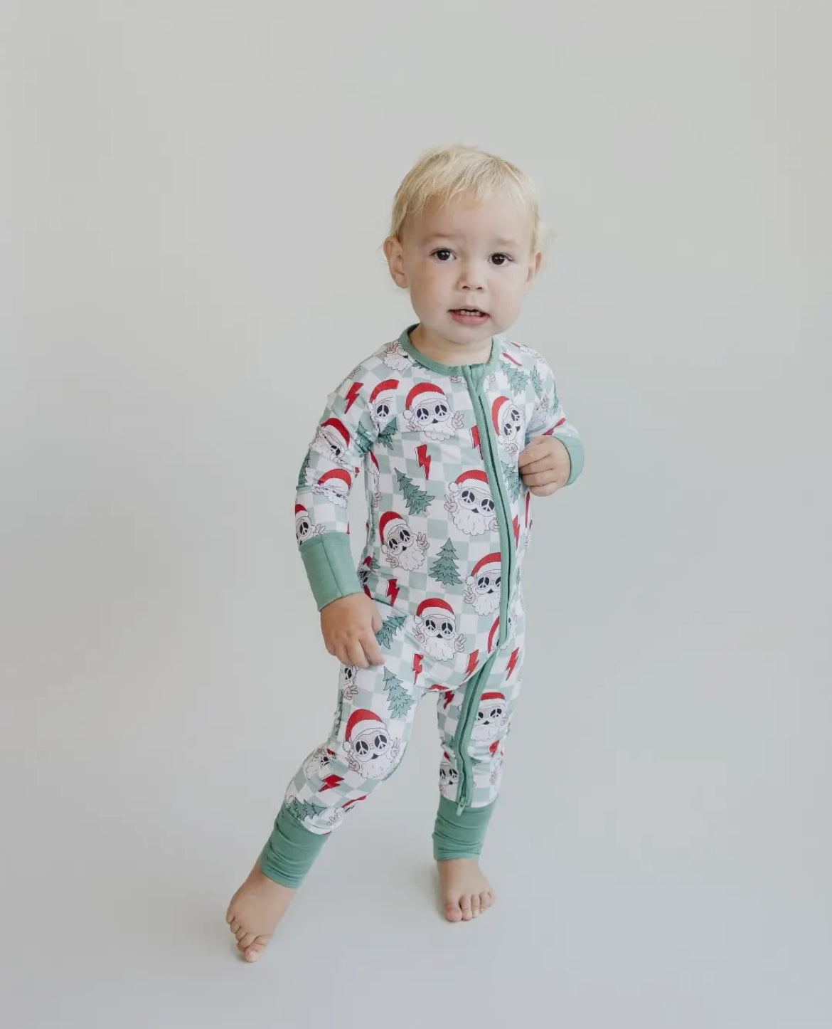 Christmas Baby Bamboo Zip Romper -Checkered Santa Boy