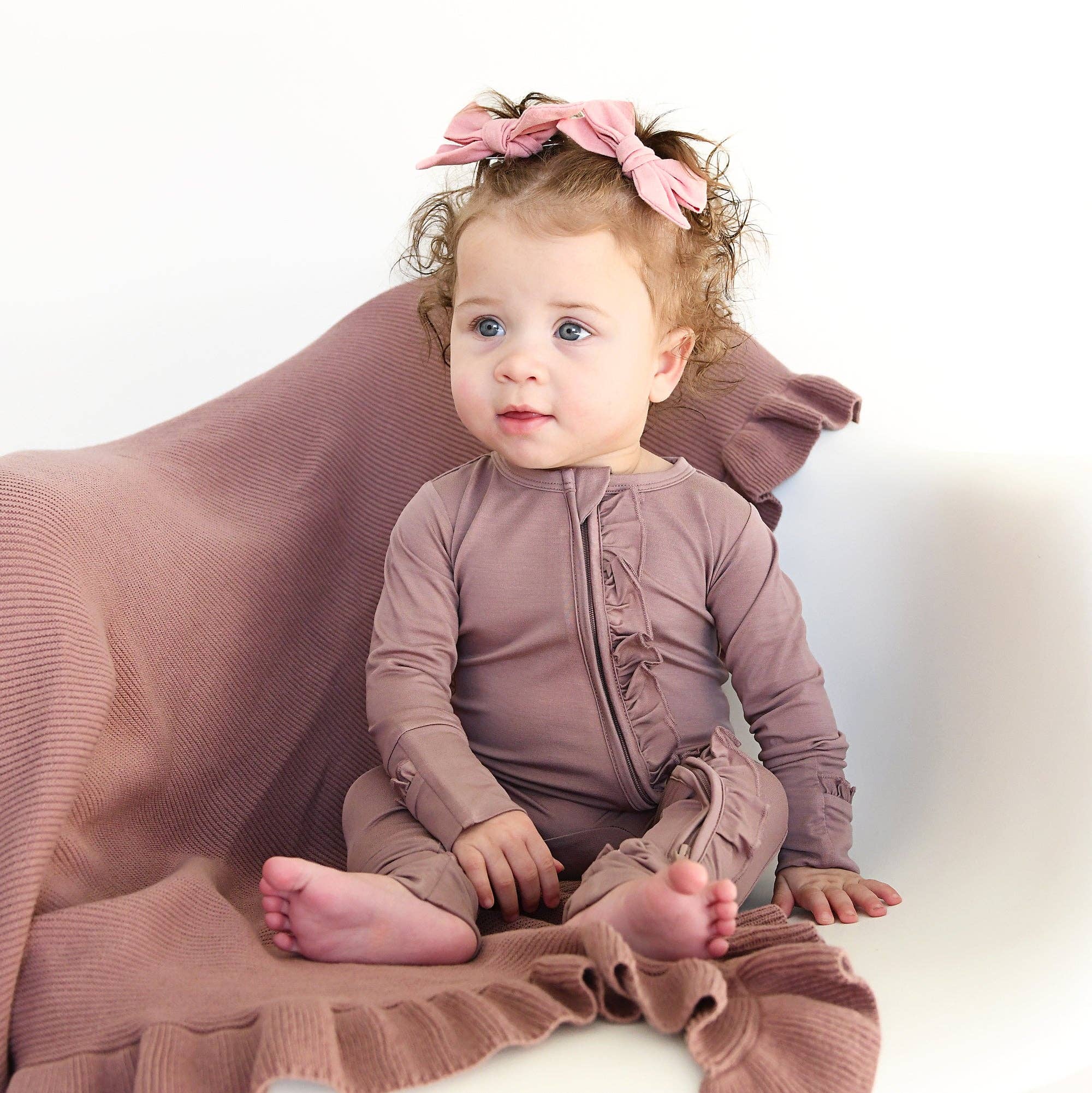 Mauve RUFFLE ZIP Bamboo Keepsake Two Way Zipper Baby Outfit