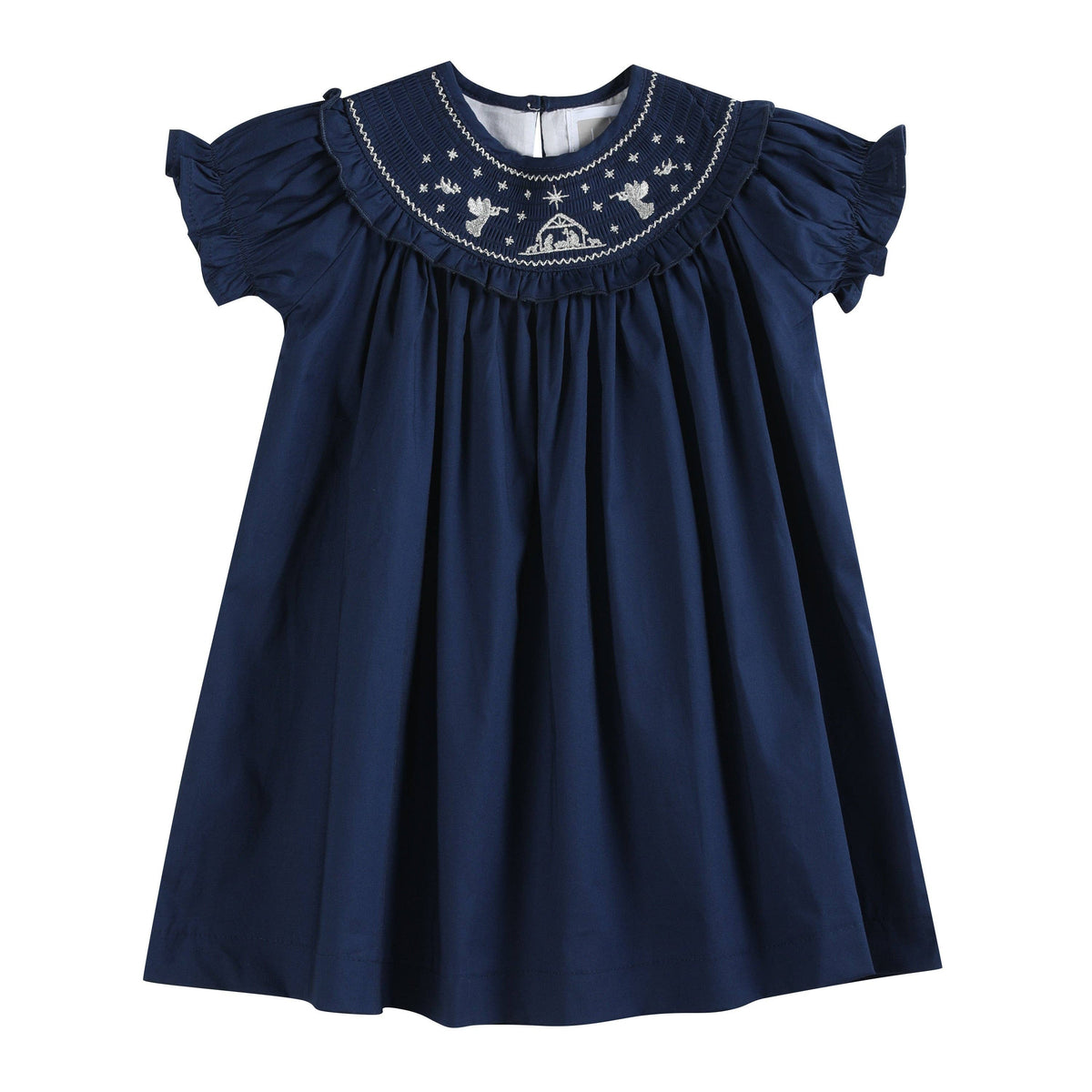 Blue Nativity Smocked Ruffle Bishop Dress