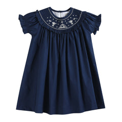 Blue Nativity Smocked Ruffle Bishop Dress