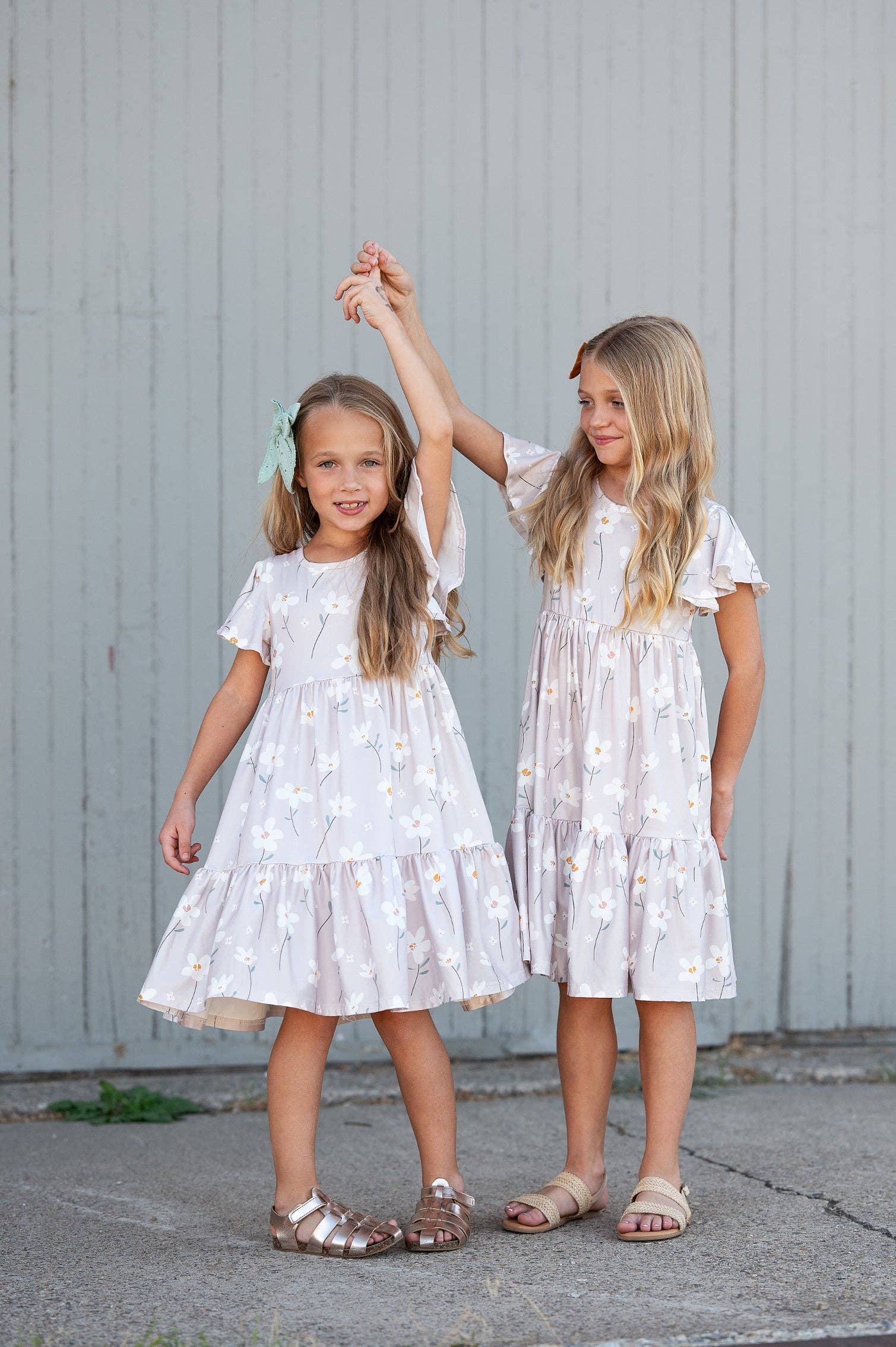 Girls Emma Taupe Spring Floral Flutter Sleeve Twirl Dress