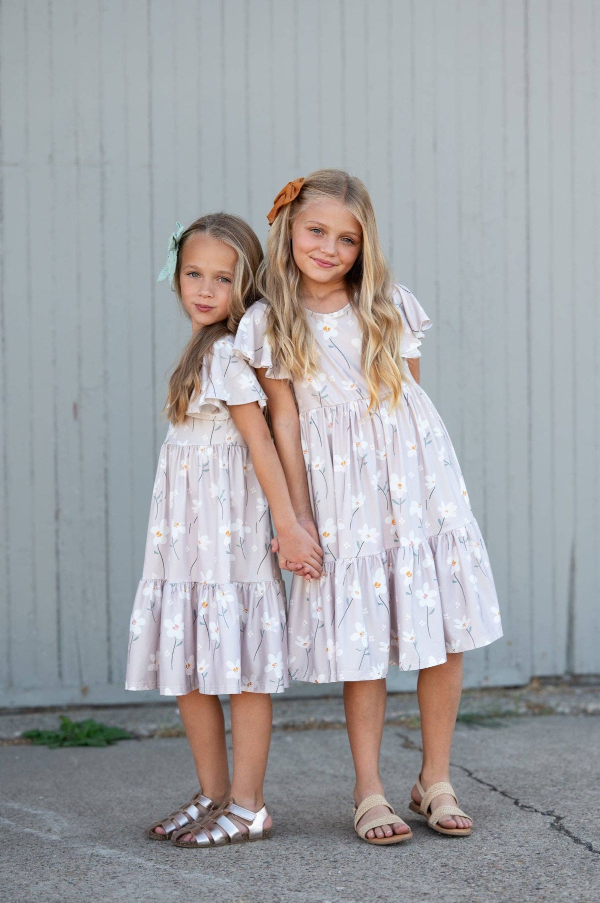 Girls Emma Taupe Spring Floral Flutter Sleeve Twirl Dress