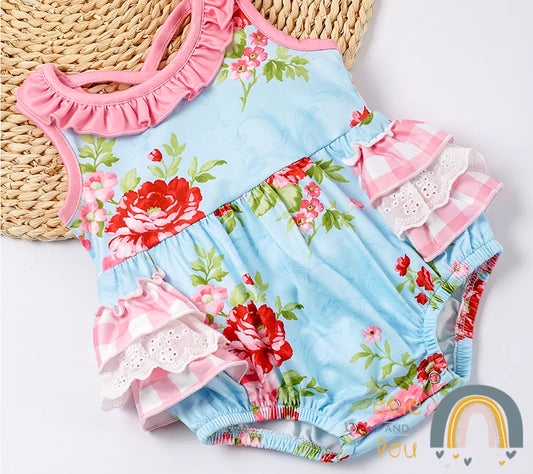 Plaid Roses -Girl Romper