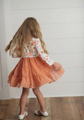 Rust Floral Print Swiss Dot Tulle Fall Dress