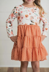 Rust Floral Print Swiss Dot Tulle Fall Dress