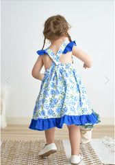 Blue Rose Print I Love Mommy Embroidery Dress