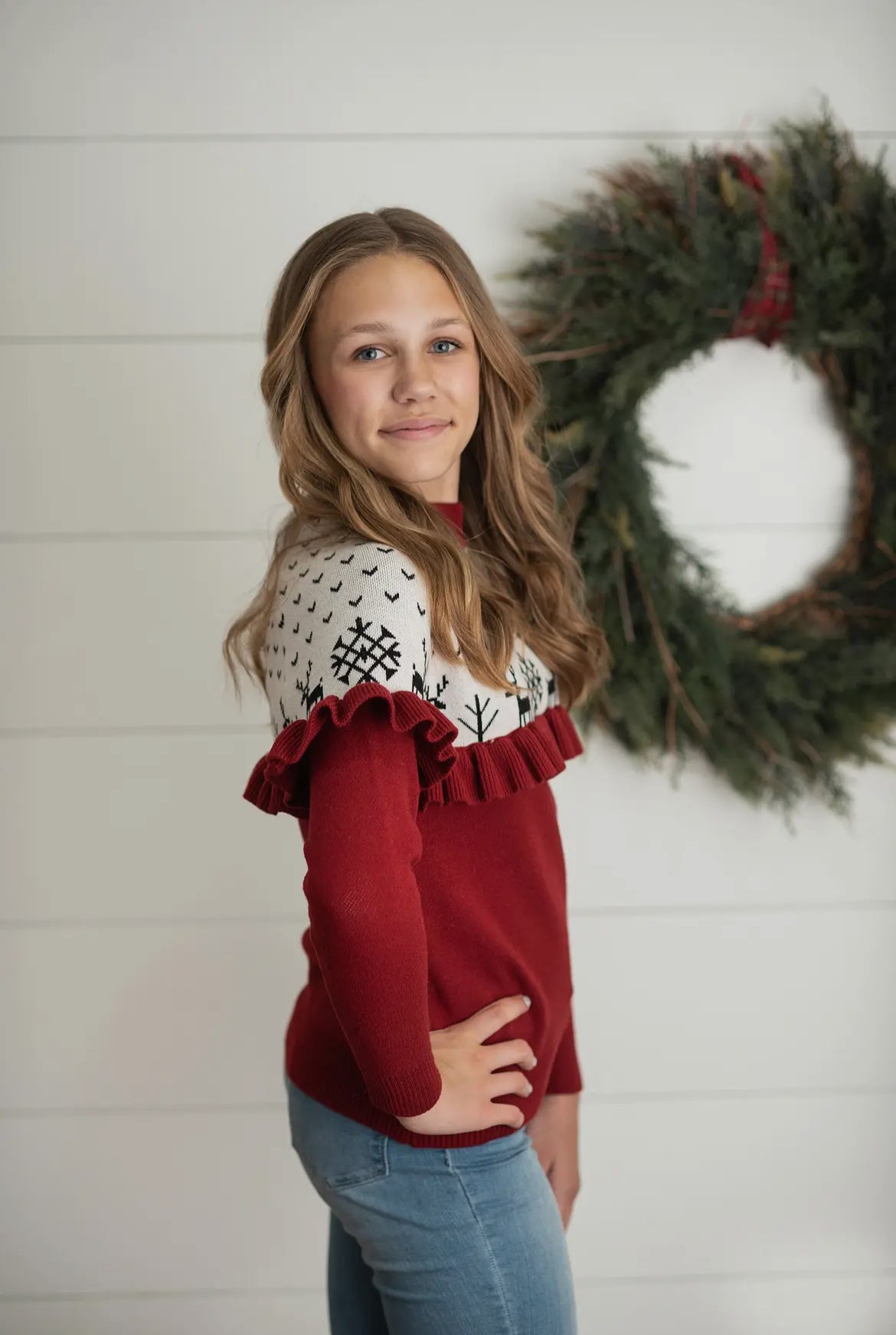 Dark Red/Burgundy Ruffle Christmas Sweater -Girl